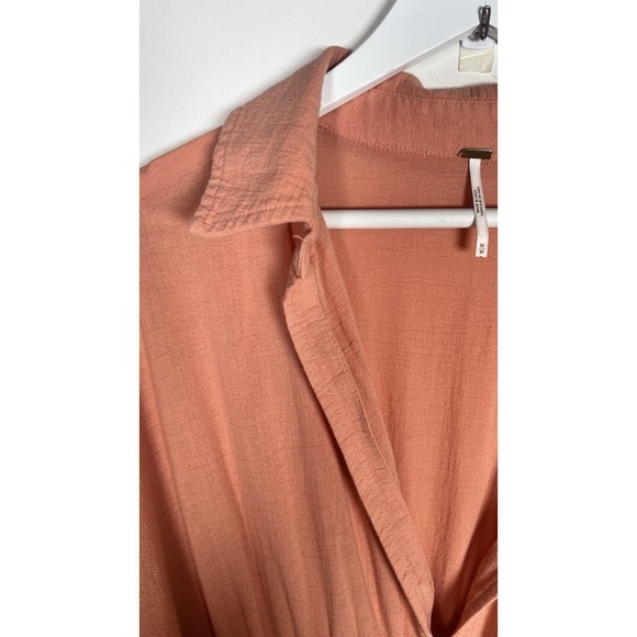 Free People Medium Monika Shirt Dress Smocked Waist Deep V-Neck Autumn Peach EUC - Picture 10 of 14